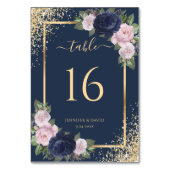 Bloemen Navy Blauw Blush Roze Goud Lijst Wedding Kaart (Voorkant)