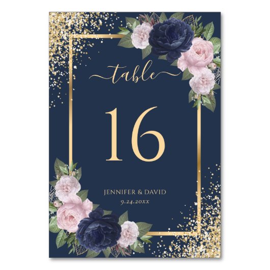 Bloemen Navy Blauw Blush Roze Goud Lijst Wedding Kaart (Voorkant)