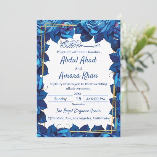 Bloemen Navy Blauw en Goud Lijst Islamitische brui Kaart (Staand voorkant)
