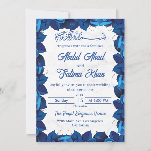 Bloemen Navy Blauw en Wit Marmer Moslim Bruiloft Kaart (Voorkant)