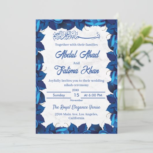 Bloemen Navy Blauw en Wit Marmer Moslim Bruiloft Kaart (Staand voorkant)