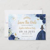 Bloemen Navy Blauw Goud Prinses Tiara Quinceanera Save The Date (Voorkant)