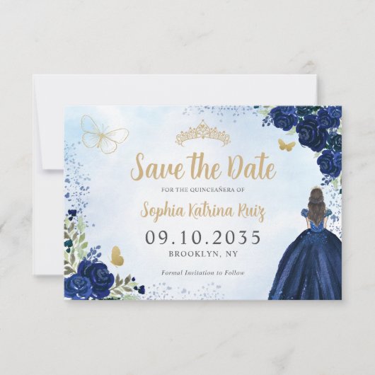Bloemen Navy Blauw Goud Prinses Tiara Quinceanera Save The Date (Voorkant)