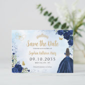 Bloemen Navy Blauw Goud Prinses Tiara Quinceanera Save The Date (Staand voorkant)