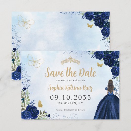 Bloemen Navy Blauw Goud Prinses Tiara Quinceanera Save The Date (Voorkant / Achterkant)