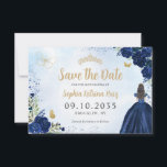 Bloemen Navy Blauw Goud Prinses Tiara Quinceanera Save The Date<br><div class="desc">Bloemen Navy Blue Gold Prinses Jurk Glitter Sparkle Tiara Kroon Vlinder 15e Verjaardag Quinceanera Save the Date</div>