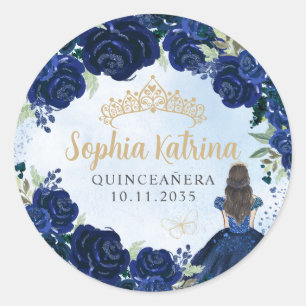 Bloemen Navy Blauw Goud Quinceanera Verjaardagsgun Ronde Sticker