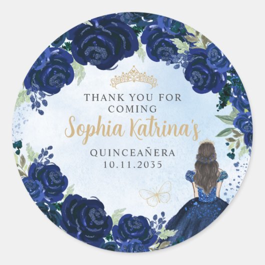 Bloemen Navy Blauw Goud Quinceanera Verjaardagsgun Ronde Sticker (Voorkant)