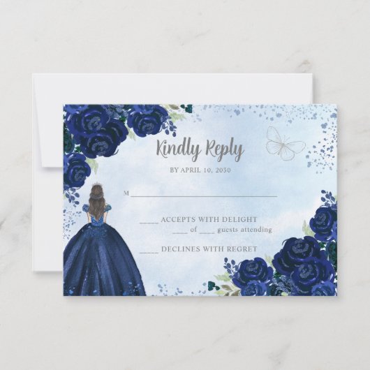 Bloemen Navy Blauw Grijs Glitter Prinses Quinceañe RSVP Kaartje (Voorkant)