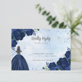 Bloemen Navy Blauw Grijs Glitter Prinses Quinceañe RSVP Kaartje (Staand voorkant)