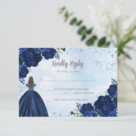 Bloemen Navy Blauw Grijs Glitter Prinses Quinceañe RSVP Kaartje (Staand voorkant)