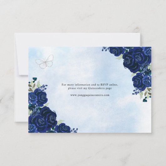 Bloemen Navy Blauw Grijs Glitter Prinses Quinceañe RSVP Kaartje (Achterkant)