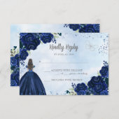 Bloemen Navy Blauw Grijs Glitter Prinses Quinceañe RSVP Kaartje (Voorkant / Achterkant)