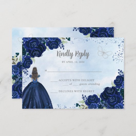 Bloemen Navy Blauw Grijs Glitter Prinses Quinceañe RSVP Kaartje (Voorkant / Achterkant)