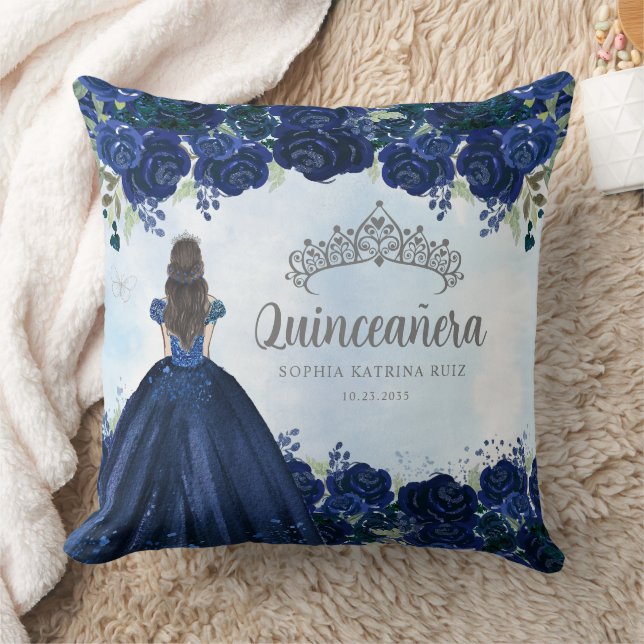 Bloemen Navy Blauw Grijs Prinses Tiara Quinceanera Kussen (Deken)
