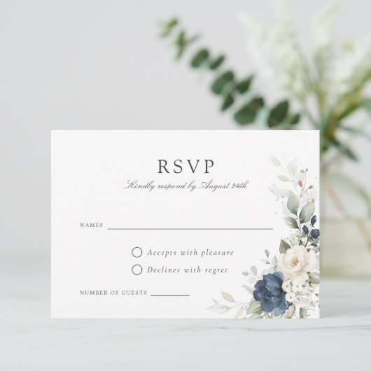 Bloemen Navy Blauw Groen Goud Bruiloft RSVP Kaart (Staand voorkant)