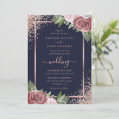 Bloemen Navy Blauw Roos Goud Confetti bruiloft Kaart (Staand voorkant)