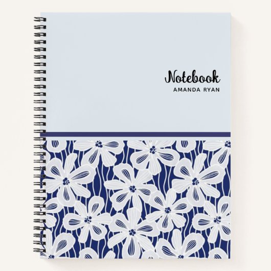 Bloemen Navy Blauw Wit Patroon Notitieboek (Voorkant)