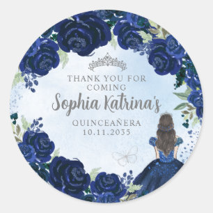 Bloemen Navy Blauw Zilver Quinceanera Verjaardagsg Ronde Sticker