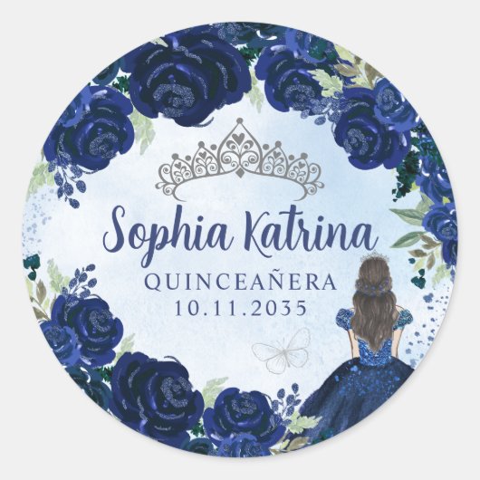 Bloemen Navy Blauw Zilver Quinceanera Verjaardagsg Ronde Sticker (Voorkant)