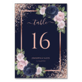 Bloemen Navy Blue Blush Roos Gold Lijst Wedding Kaart (Achterkant)