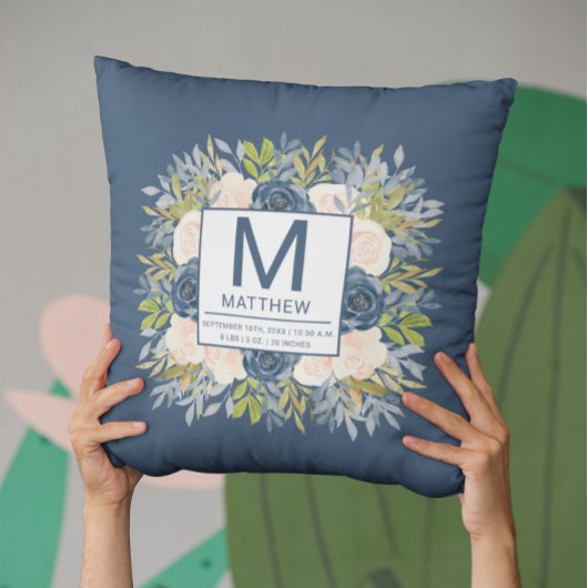 Bloemen Navy Blue Geboortestatistieken Pasgeboren  Kussen