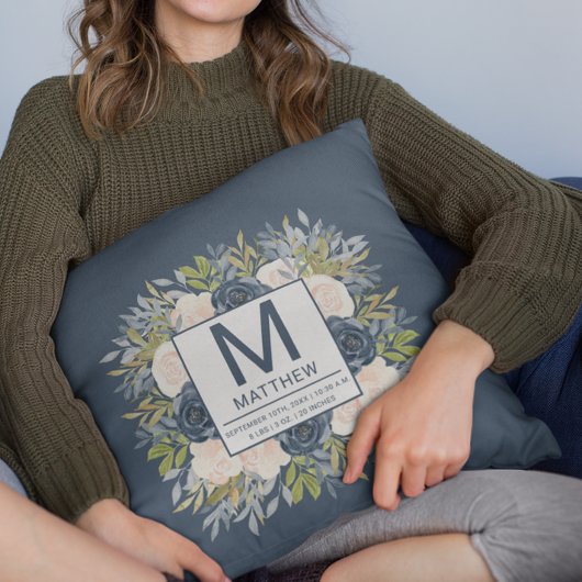 Bloemen Navy Blue Geboortestatistieken Pasgeboren  Kussen