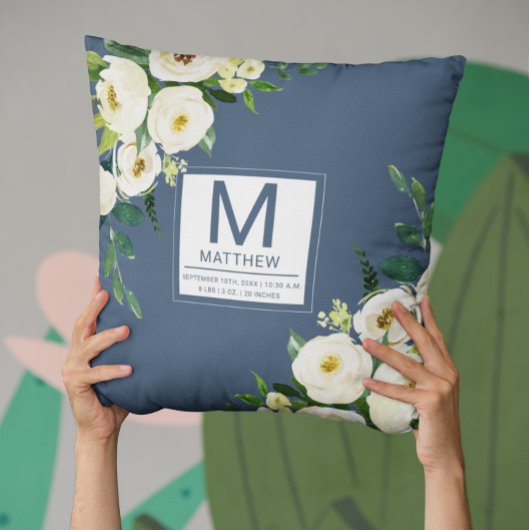 Bloemen Navy Blue Geboortestatistieken Pasgeboren Kussen