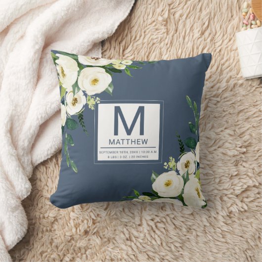 Bloemen Navy Blue Geboortestatistieken Pasgeboren  Kussen (Deken)