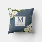 Bloemen Navy Blue Geboortestatistieken Pasgeboren Kussen (Achterkant)