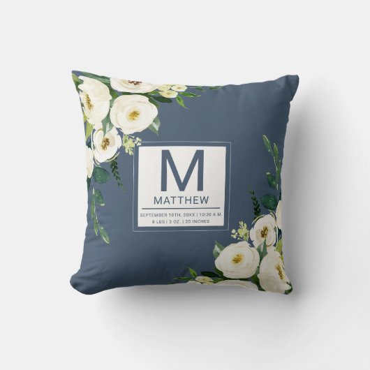 Bloemen Navy Blue Geboortestatistieken Pasgeboren  Kussen (Voorkant)