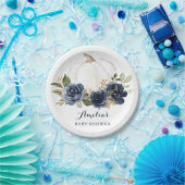 Bloemen Navy Blue Pumpkin Baby shower Herfst Papieren Bordje (Feest)