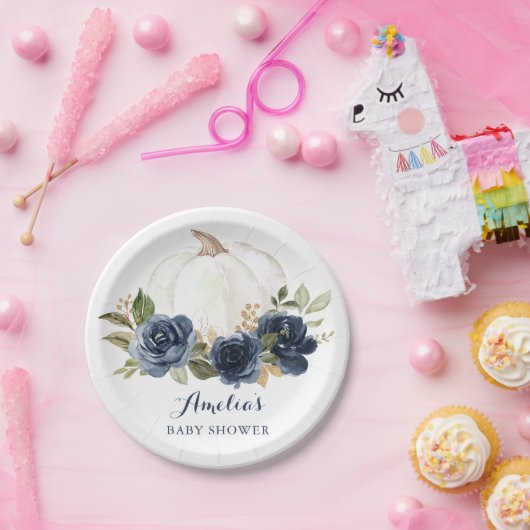 Bloemen Navy Blue Pumpkin Baby shower Herfst Papieren Bordje (Feest)