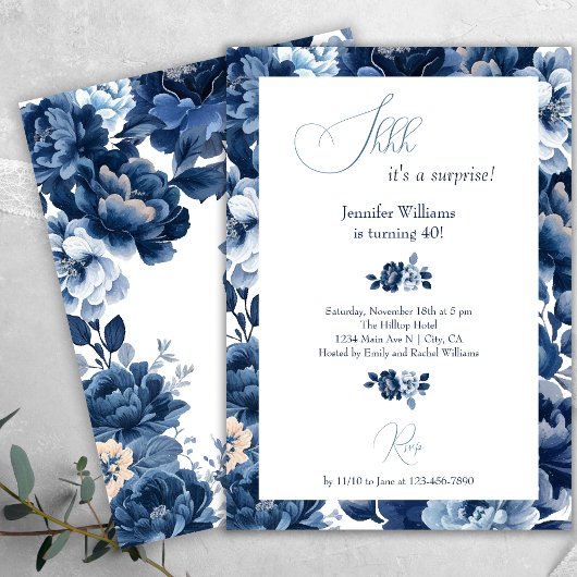Bloemen Navy Blue Waterverf SHH Verrassingsverjaar Kaart