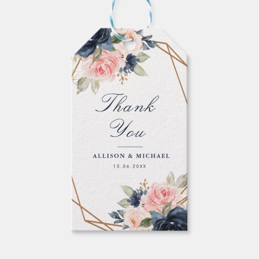Bloemen Navy & blush waterverf geometrische bruilo Cadeaulabel (Voorkant)