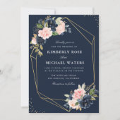 Bloemen Navy & blush waterverf geometrische bruilo Kaart (Voorkant)