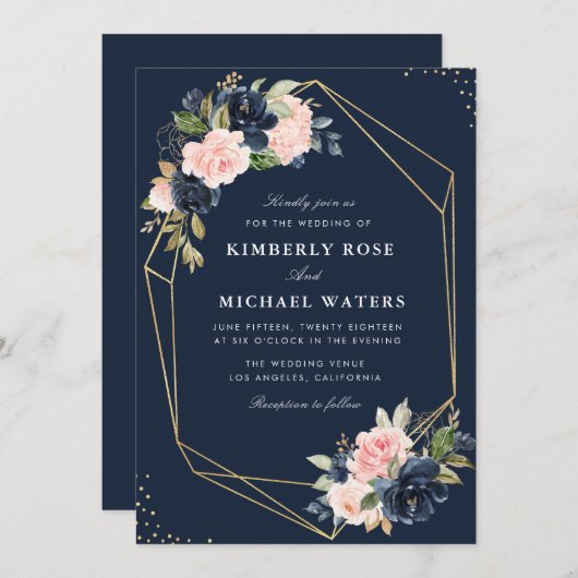 Bloemen Navy & blush waterverf geometrische bruilo Kaart (Voorkant / Achterkant)