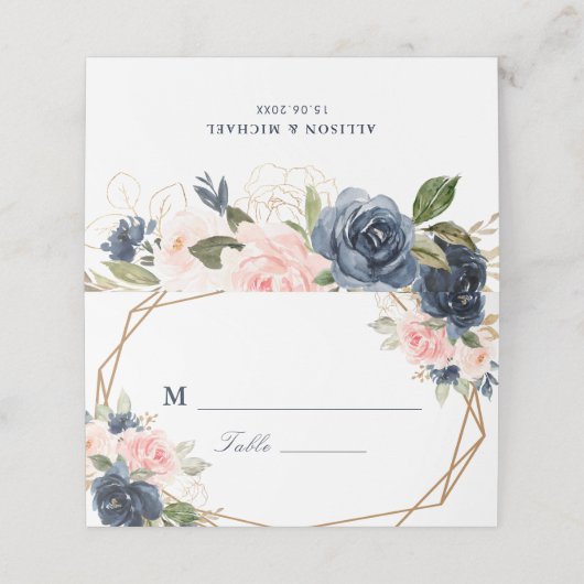 Bloemen Navy & blush waterverf geometrische bruilo Plaatskaartje (Buitenkant ongevouwen)
