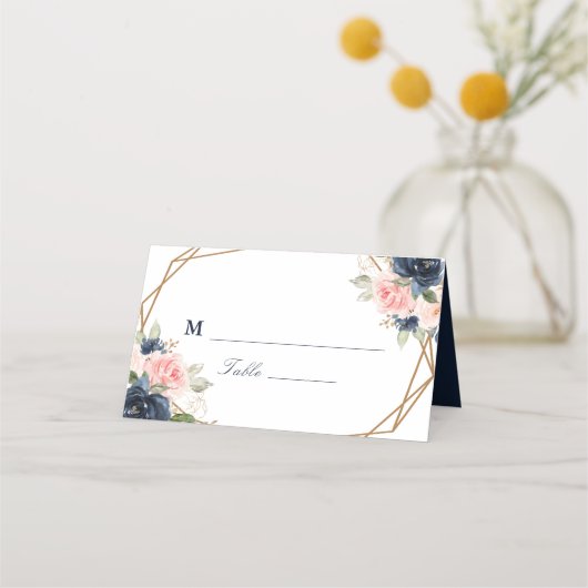 Bloemen Navy & blush waterverf geometrische bruilo Plaatskaartje (Voorkant)