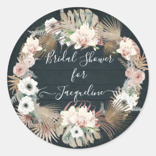 Bloemen Navy Blush Wit Rustiek Houten Palmblad Ronde Sticker