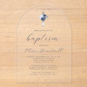 Bloemen Navy Dusty Blue Silver Cross Jongens Doop Acryl Uitnodigingen (Voorkant)