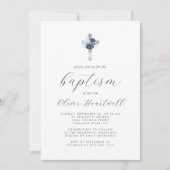 Bloemen Navy Dusty Blue Silver Cross Jongens Doop Kaart (Voorkant)