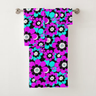 Bloemen Neon Patroon Paarse en Turquoise Bloemen Bad Handdoek