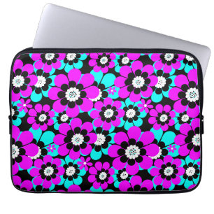 Bloemen Neon Patroon Paarse en Turquoise Bloemen Laptop Sleeve