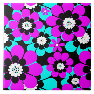 Bloemen Neon Patroon Paarse en Turquoise Bloemen Tegeltje