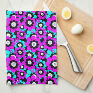 Bloemen Neon Patroon Paarse en Turquoise Bloemen Theedoek