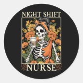 Bloemen Night Shift Nurse Skeleton Halloween Rn Nu Ronde Sticker (Voorkant)