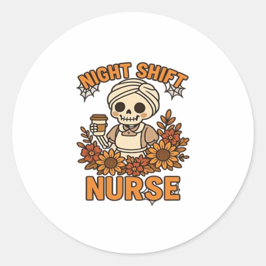 Bloemen Night Shift Nurse Skeleton Halloween RN Nu Ronde Sticker (Voorkant)