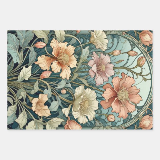 Bloemen Nouveau - Set van 3 - Decoupage - Inpakpapier Vel (Voorkant 2)