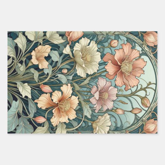 Bloemen Nouveau - Set van 3 - Decoupage - Inpakpapier Vel (Voorkant)